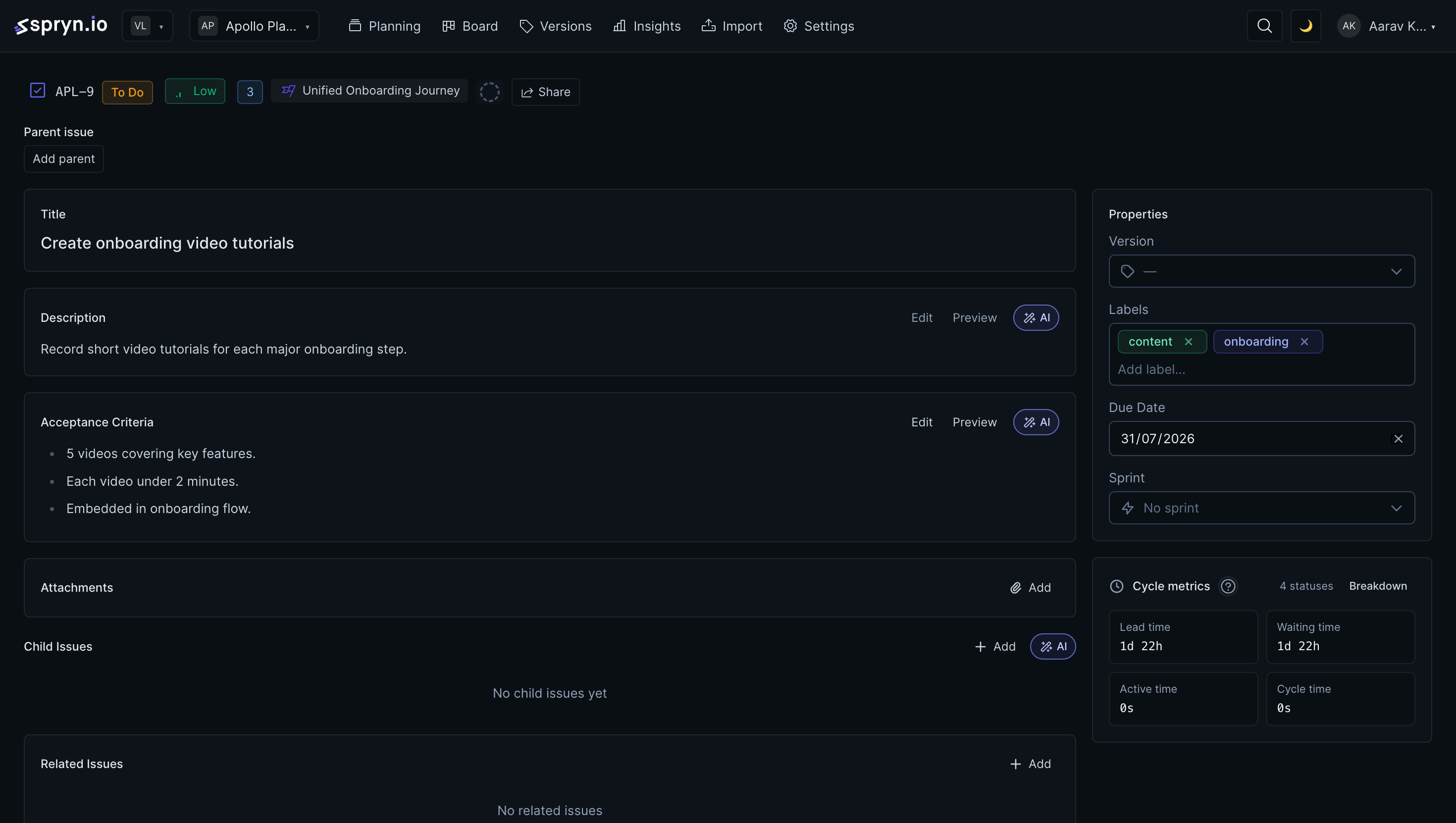 Spryn issue detail for APL-9 showing AI buttons on Description and Acceptance Criteria