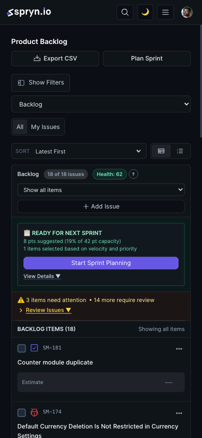 Spryn mobile app — product backlog and sprint planning on iOS and Android